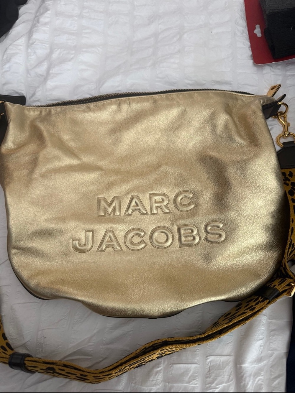 Marc Jacobs Gold Leather Messenger Bag with Embossed Logo
